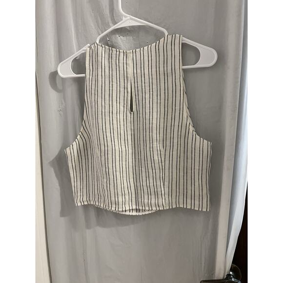 Theory Blue White Striped Linen Cropped Nikala Top Sz L - Picture 7 of 7